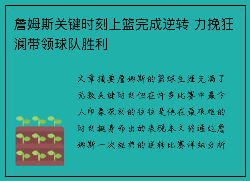 詹姆斯关键时刻上篮完成逆转 力挽狂澜带领球队胜利 詹姆斯关键时刻上篮完成逆转 力挽狂澜带领球队胜利