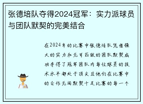 张德培队夺得2024冠军：实力派球员与团队默契的完美结合