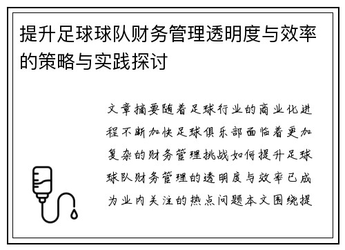 提升足球球队财务管理透明度与效率的策略与实践探讨