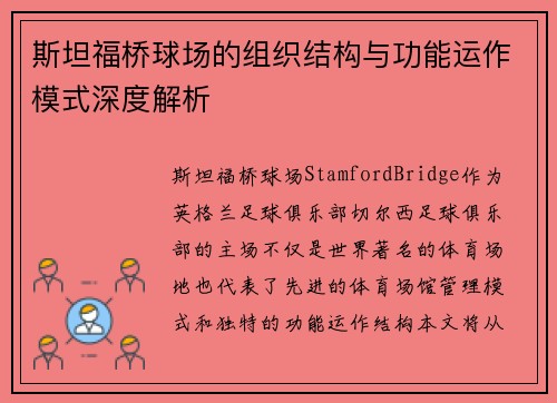 斯坦福桥球场的组织结构与功能运作模式深度解析