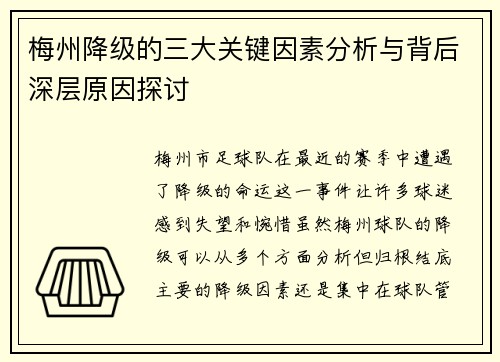 梅州降级的三大关键因素分析与背后深层原因探讨